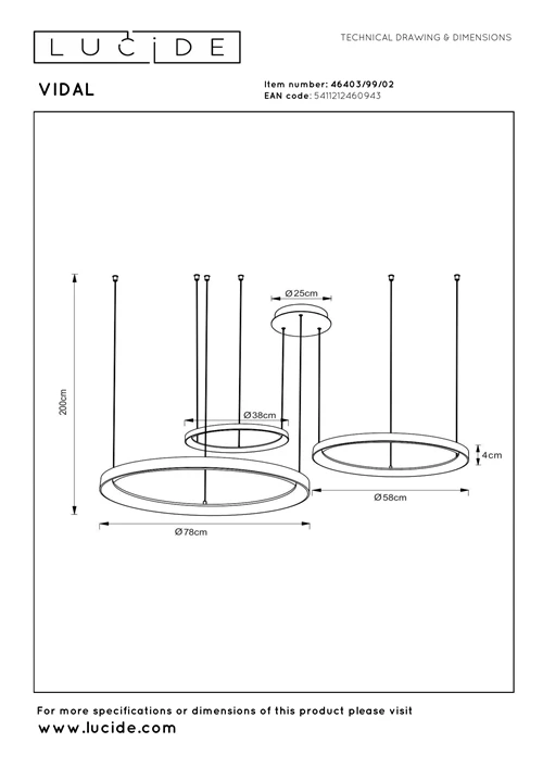 Lucide VIDAL - Suspension - Ø 78 cm - LED Dim. - 1x120W 2700K - Or Mat / Laiton | Premium - technique